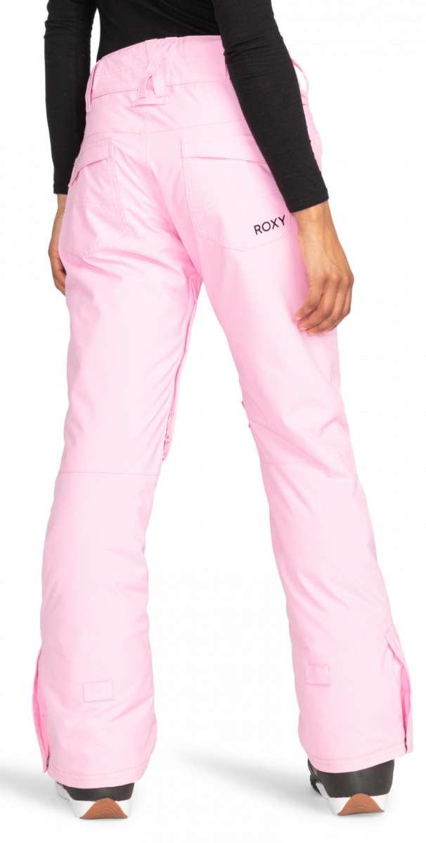 Roxy Junior's Backyard Insulated Pant 2024 - A pair of light pink snow pants with a subtle pattern on the left leg, featuring a zippered pocket and adjustable straps at the waist.