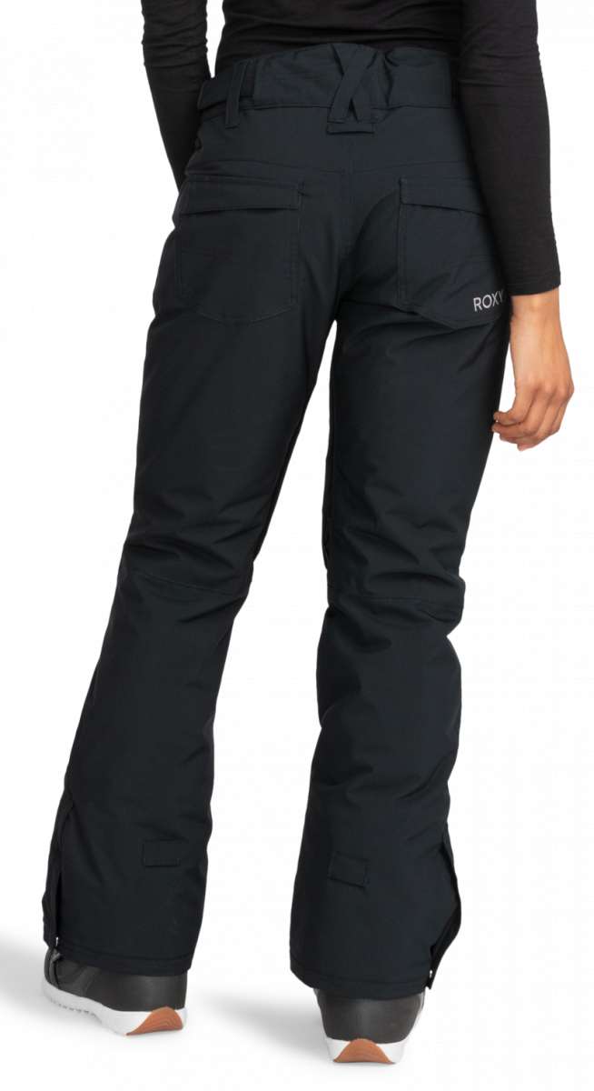 Roxy Junior's Backyard Insulated Pant 2024 - Black snow pants with a zippered pocket on the right thigh and adjustable Velcro straps at the waist.