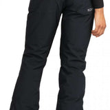 Roxy Junior's Backyard Insulated Pant 2024 - Black snow pants with a zippered pocket on the right thigh and adjustable Velcro straps at the waist.