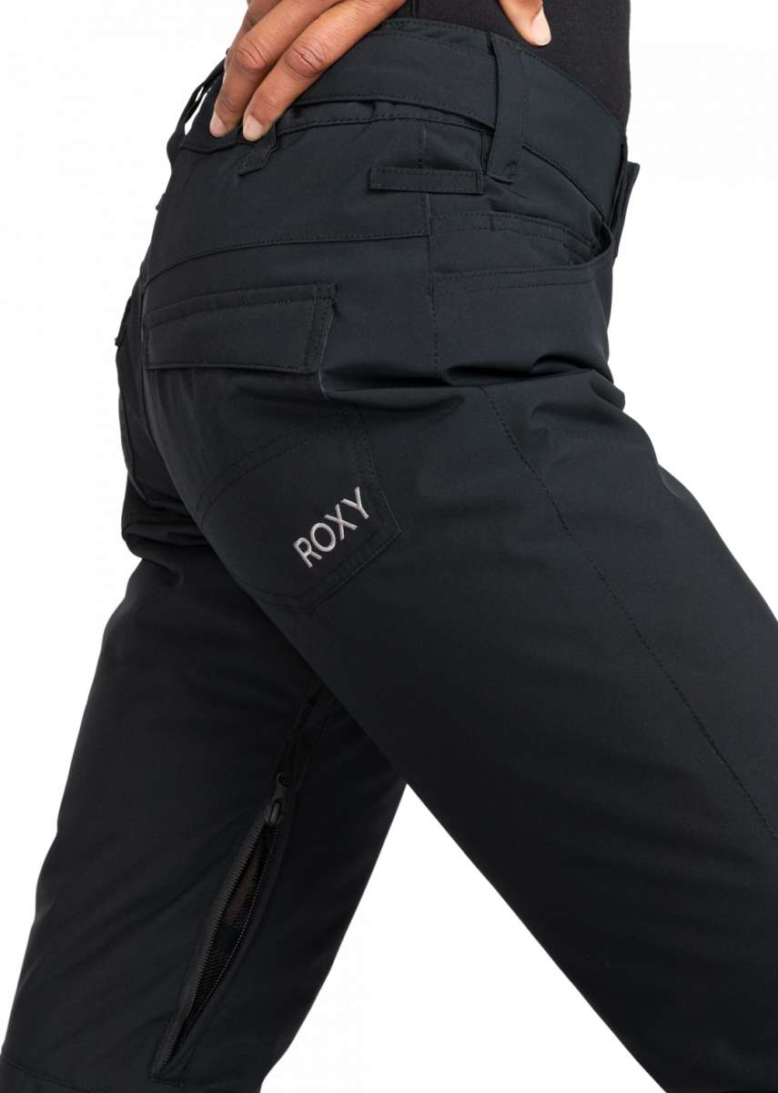 Roxy Junior's Backyard Insulated Pant 2024 - Black insulated ski pants with a zippered pocket on the side of the leg.