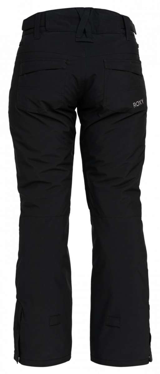 Roxy Junior's Backyard Insulated Pant 2024 - Black snow pants with a subtle white logo on the left thigh and adjustable Velcro straps at the waist.