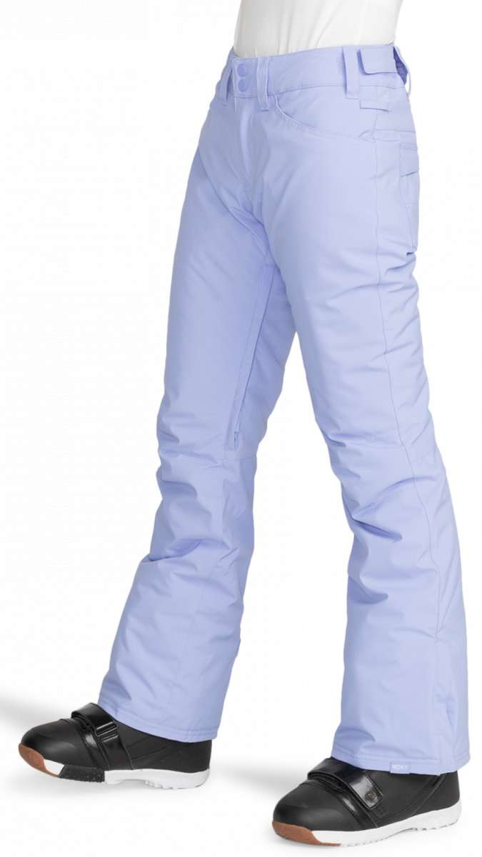 Roxy Junior's Backyard Insulated Pant 2024 - Light blue snow pants with a subtle pattern of darker blue lines and white dots, featuring two zippered pockets on the front.