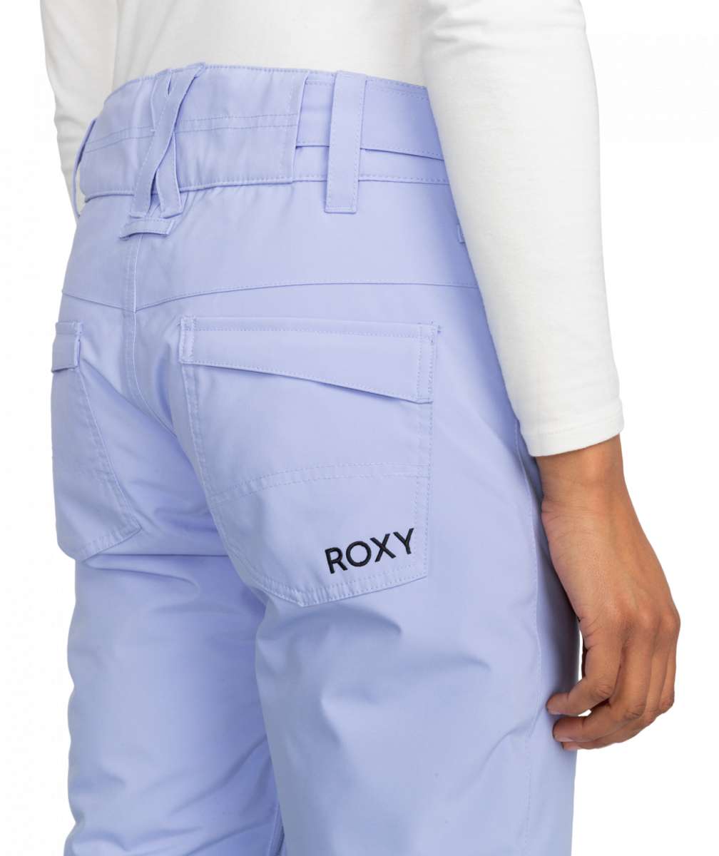 Roxy Junior's Backyard Insulated Pant 2024 - A pair of light blue snow pants with a white logo on the left thigh and a black strap at the waist.