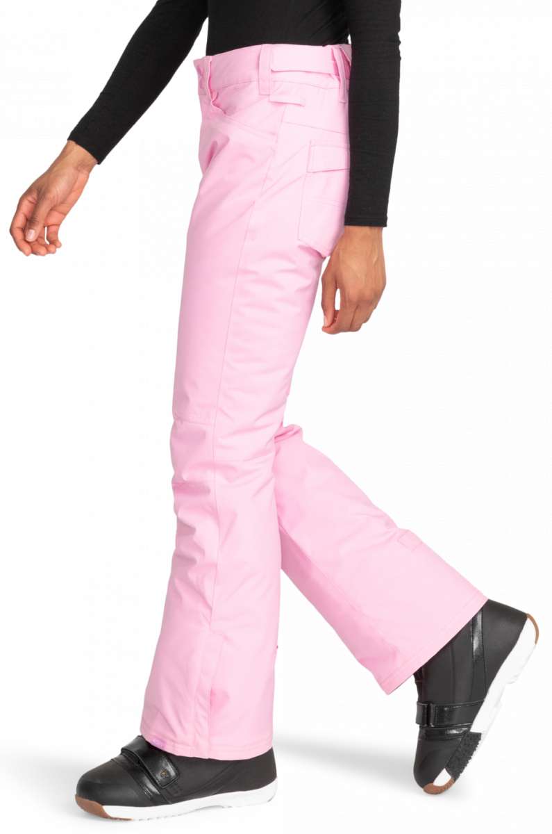 Roxy Junior's Backyard Insulated Pant 2024 - A pair of pink snow pants with a cargo pocket on the side and two belt loops at the waist.