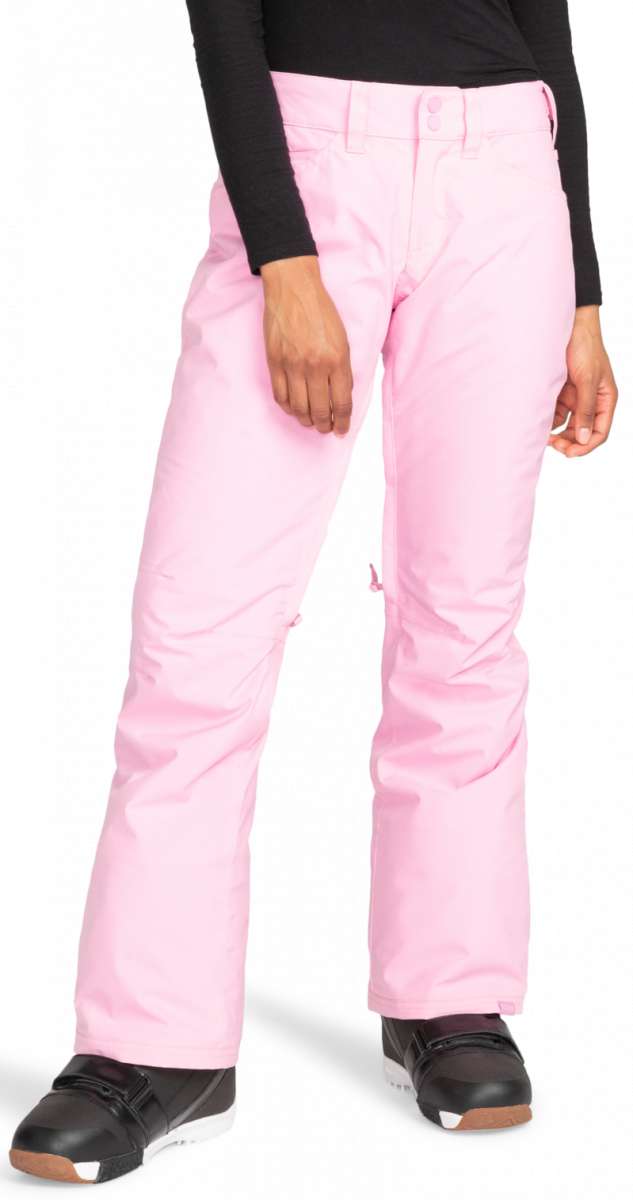 Roxy Junior's Backyard Insulated Pant 2024 - A pair of light pink snow pants with a subtle pattern on the left leg, featuring a button fly and belt loops.