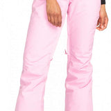 Roxy Junior's Backyard Insulated Pant 2024 - A pair of light pink snow pants with a subtle pattern on the left leg, featuring a button fly and belt loops.