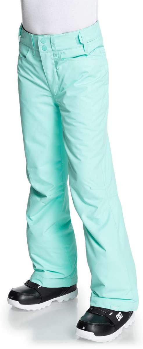 Roxy Junior's Backyard Insulated Pants 2022 - Light blue snow pants with a subtle floral pattern on the left leg, featuring two front pockets and a belt loop at the waist.