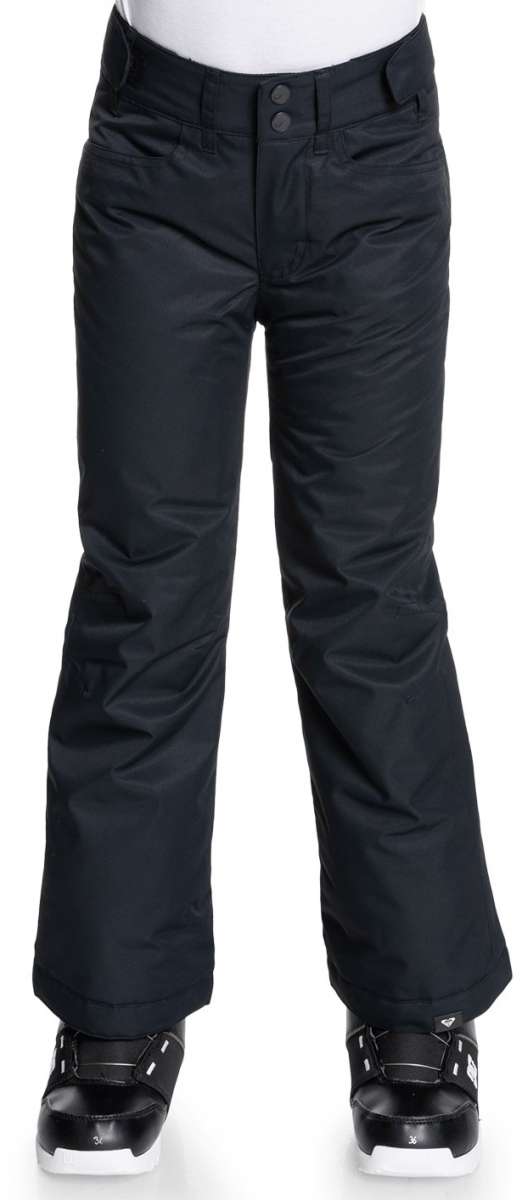 Roxy Junior's Backyard Insulated Pants 2022 - Black snow pants with a subtle white stripe pattern on the side of one leg.
