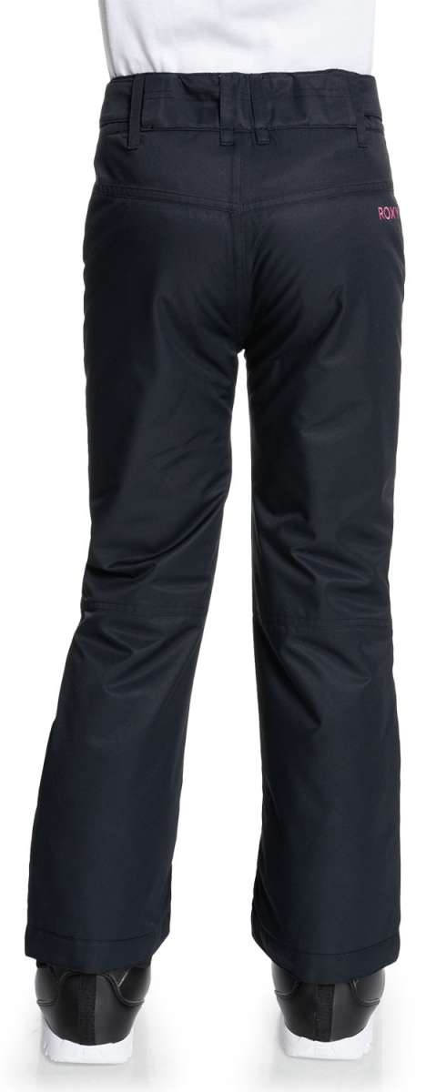 Roxy Junior's Backyard Insulated Pants 2022 - Black snow pants with a subtle white logo on the left leg, featuring a sleek design and adjustable cuffs.