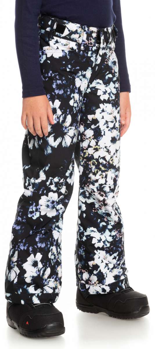 Roxy Junior's Backyard Printed Pant 2023 - Black snow pants with a white floral pattern and blue accents.