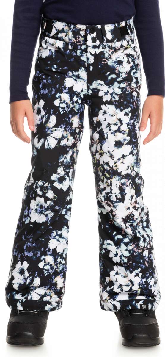 Roxy Junior's Backyard Printed Pant 2023 - Black snow pants with a white floral pattern and blue accents.