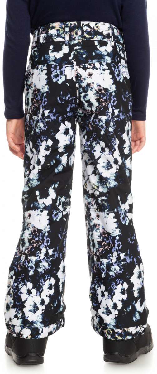 Roxy Junior's Backyard Printed Pant 2023 - A pair of black printed pants with a floral pattern featuring white and blue flowers.