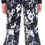Roxy Junior's Backyard Printed Pant 2023 - A pair of black printed pants with a floral pattern featuring white and blue flowers.