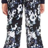 Roxy Junior's Backyard Printed Pant 2023 - A pair of black printed pants with a floral pattern featuring white and blue flowers.