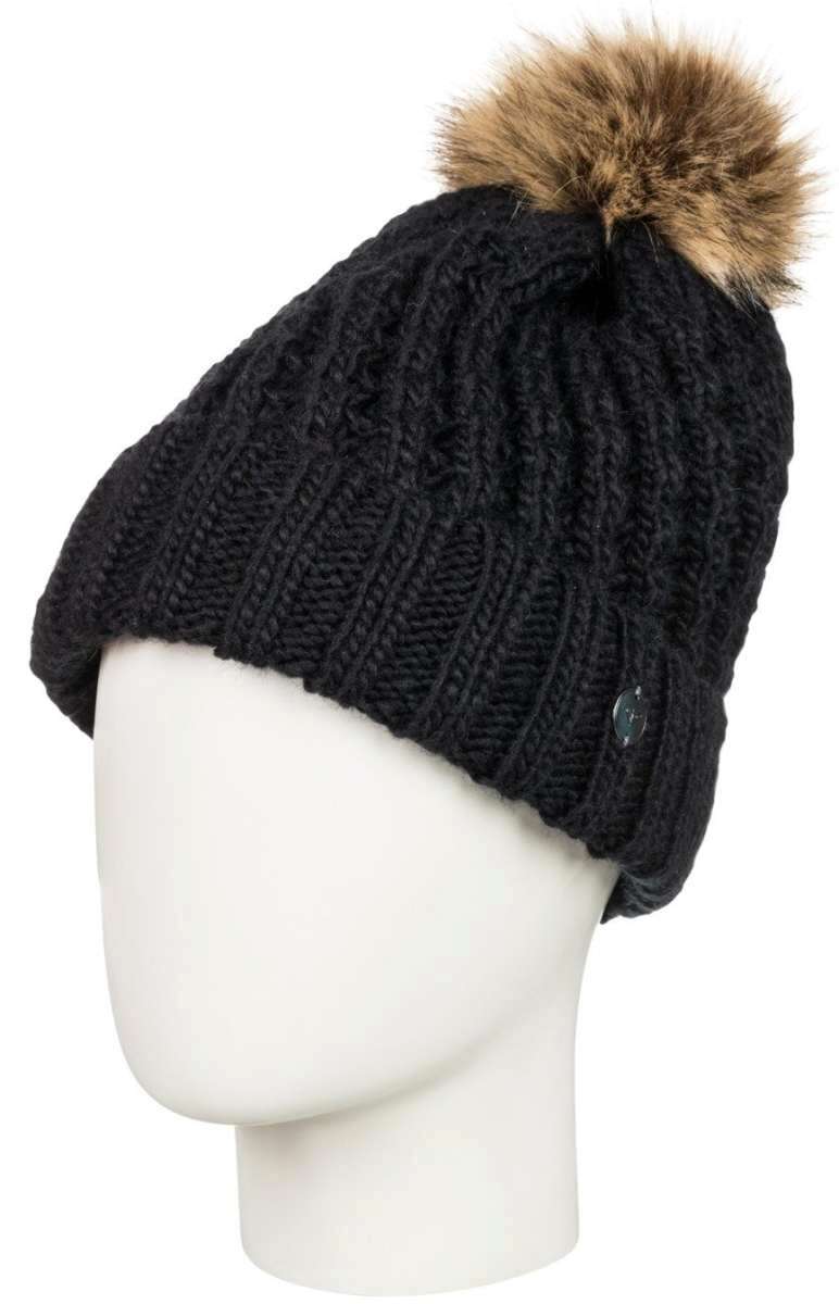 Roxy Junior's Blizzard Beanie 2022 - A black beanie with a brown faux fur pom-pom on top.