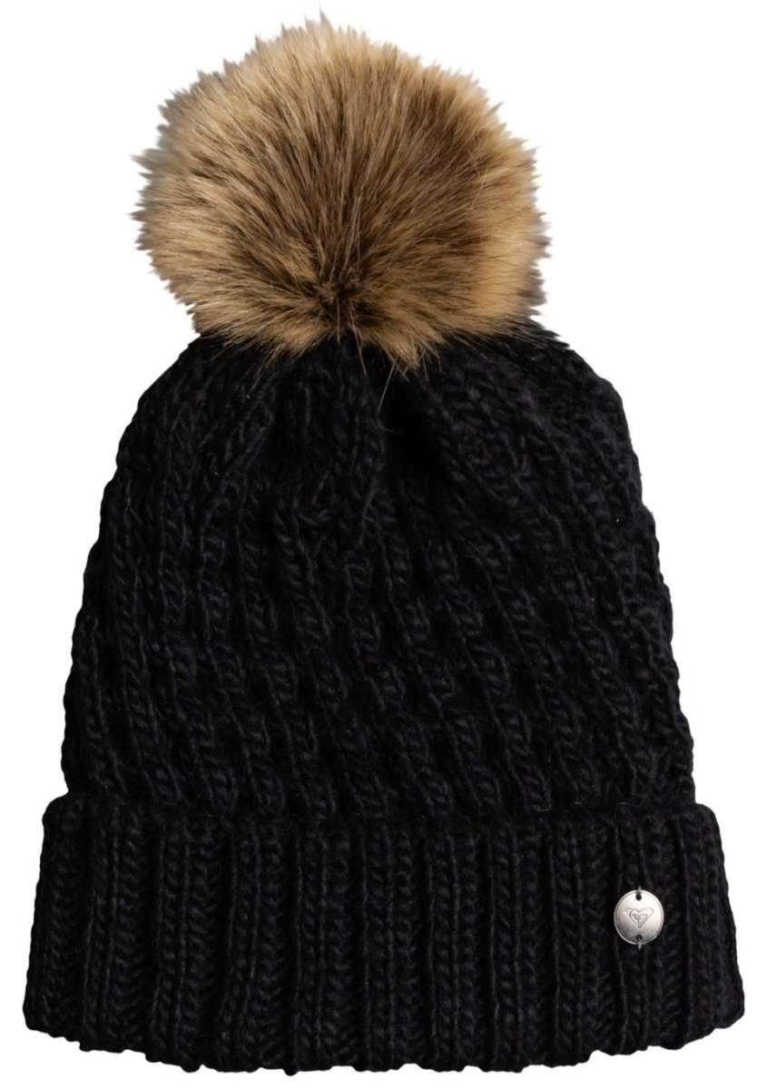 Roxy Junior's Blizzard Beanie 2022 - A black beanie with a large, fluffy brown faux fur pom-pom on top.