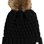 Roxy Junior's Blizzard Beanie 2022 - A black beanie with a large, fluffy brown faux fur pom-pom on top.
