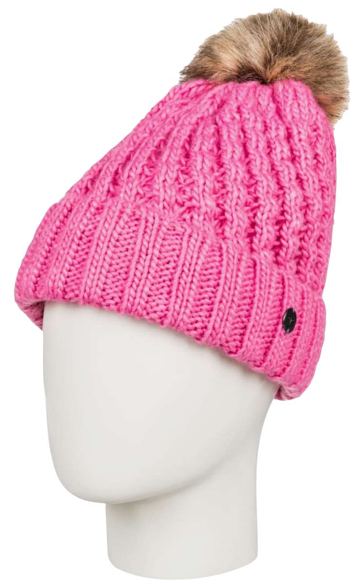 Roxy Junior's Blizzard Beanie 2022 - A hot pink beanie with a brown faux fur pom-pom on top.