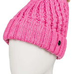 Roxy Junior's Blizzard Beanie 2022 - A hot pink beanie with a brown faux fur pom-pom on top.