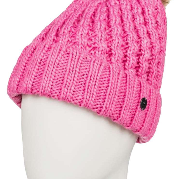 Roxy Junior's Blizzard Beanie 2022 - A hot pink beanie with a brown faux fur pom-pom on top.