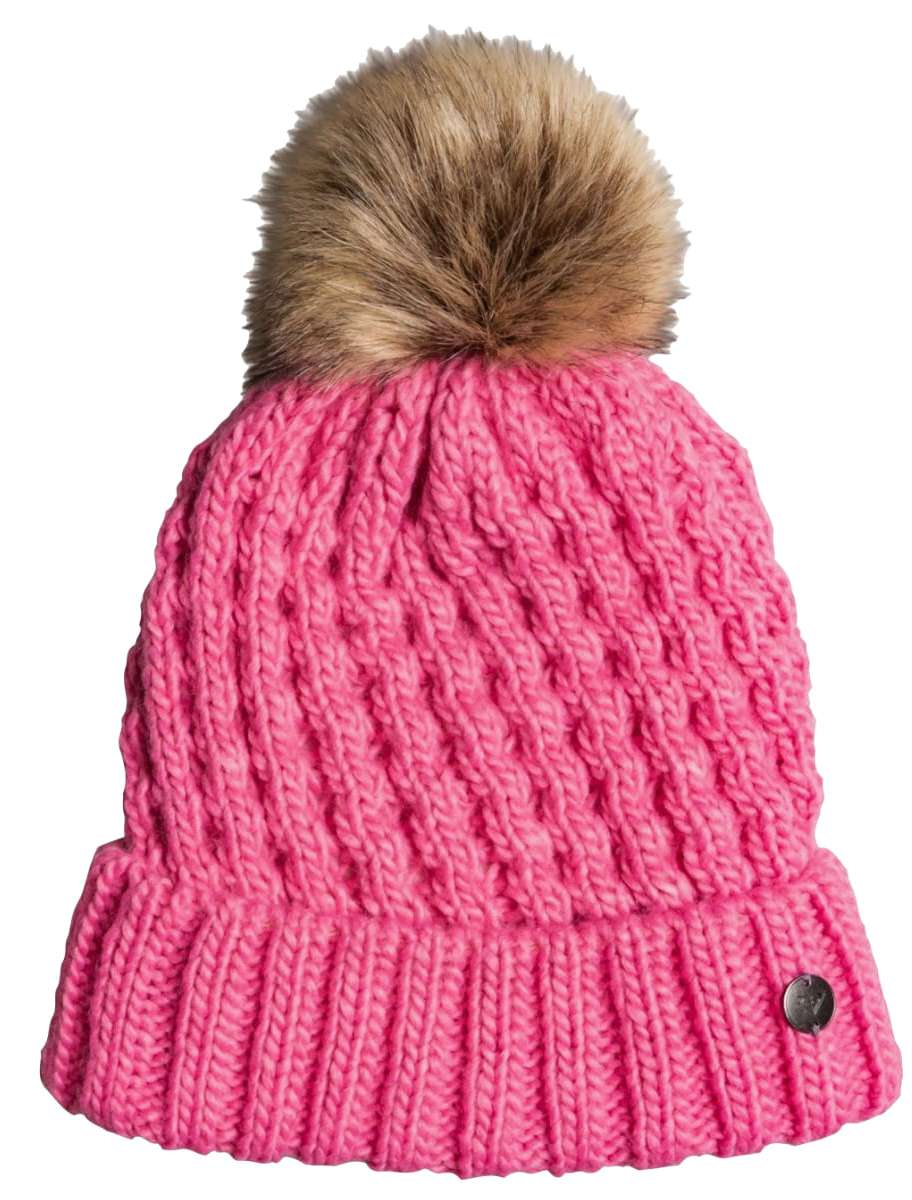 Roxy Junior's Blizzard Beanie 2022 - A pink beanie with a brown faux fur pom-pom on top.