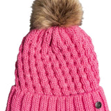 Roxy Junior's Blizzard Beanie 2022 - A pink beanie with a brown faux fur pom-pom on top.