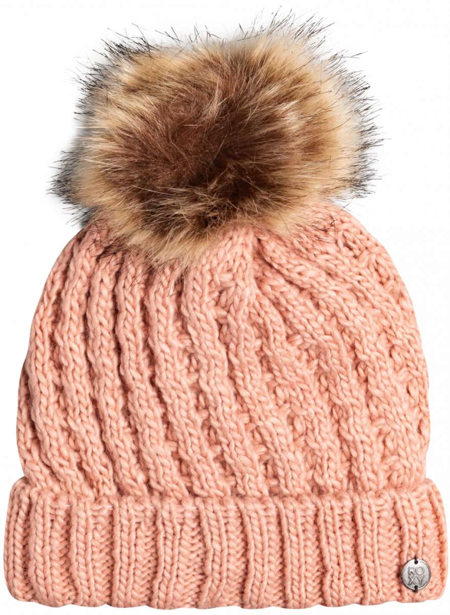 Roxy Junior's Blizzard Beanie 2023 - A light pink beanie with a brown faux fur pom-pom on top.