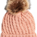 Roxy Junior's Blizzard Beanie 2023 - A light pink beanie with a brown faux fur pom-pom on top.