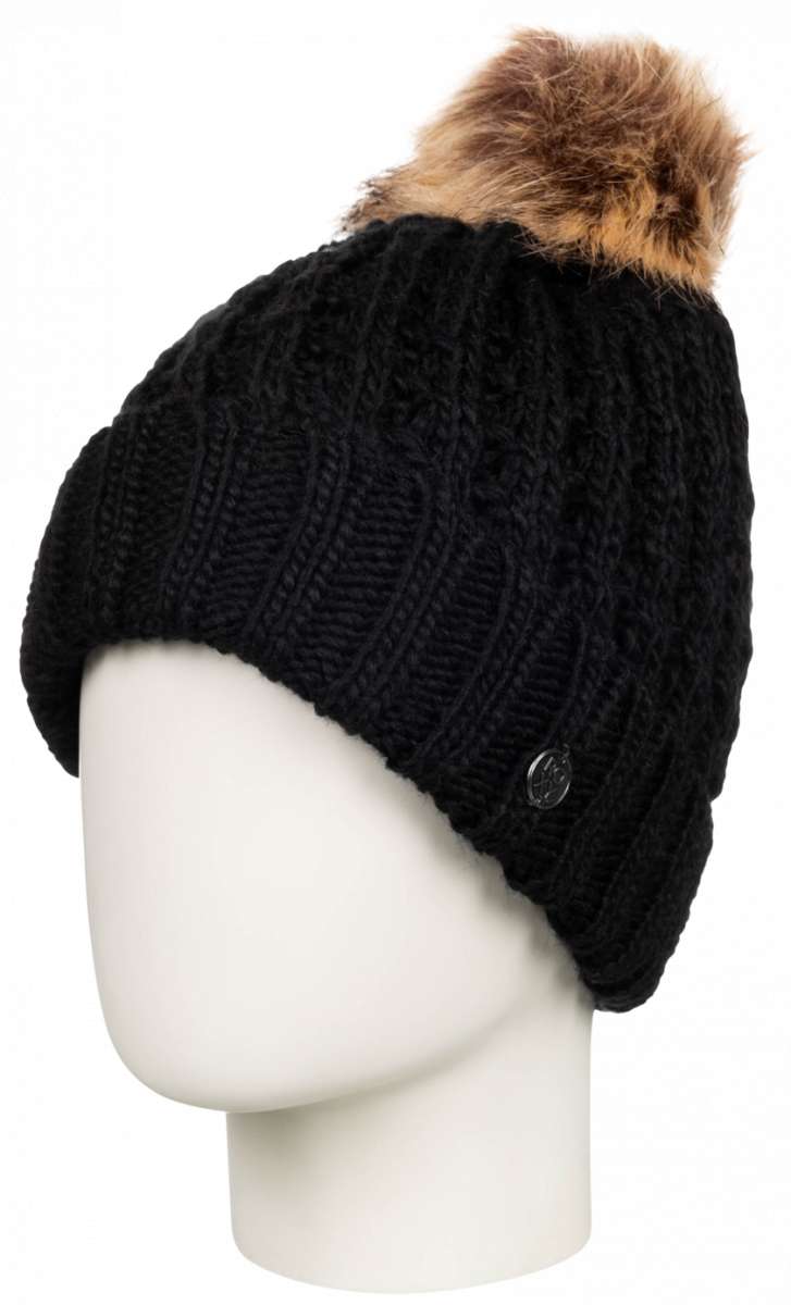 Roxy Junior's Blizzard Beanie 2023 - A black beanie with a brown faux fur pom-pom on top.