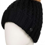 Roxy Junior's Blizzard Beanie 2023 - A black beanie with a brown faux fur pom-pom on top.