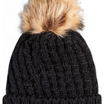 Roxy Junior's Blizzard Beanie 2023 - A black beanie with a large, fluffy tan-colored faux fur pom-pom on top.