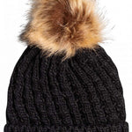 Roxy Junior's Blizzard Beanie 2023 - A black beanie with a large, fluffy tan-colored faux fur pom-pom on top.