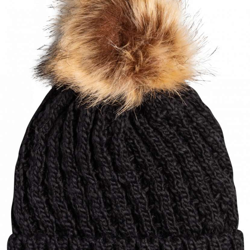 Roxy Junior's Blizzard Beanie 2023 - A black beanie with a large, fluffy tan-colored faux fur pom-pom on top.