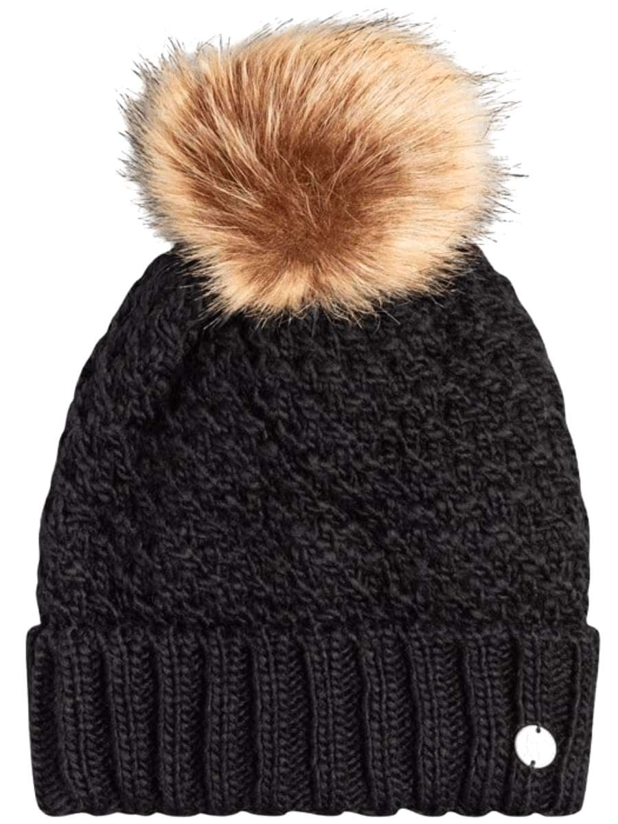 Roxy Junior's Blizzard Beanie 2024 - A black beanie with a large, fluffy tan-colored pom-pom on top.