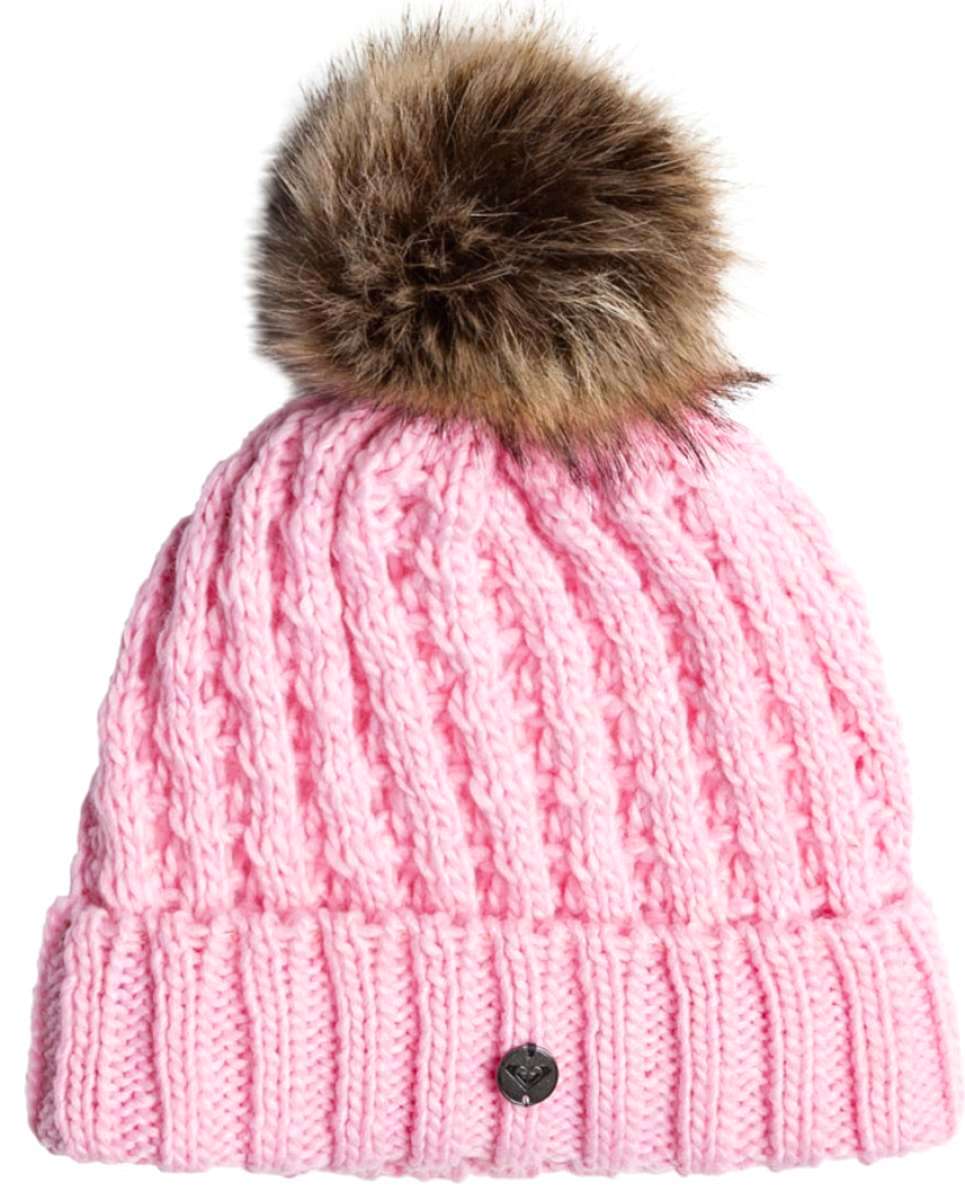 Roxy Junior's Blizzard Beanie 2024 - A pink beanie with a brown faux fur pom-pom on top.
