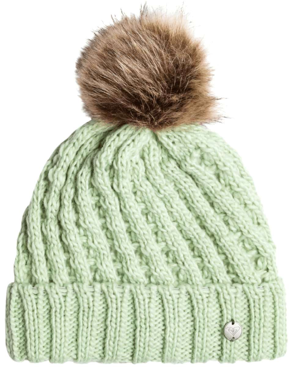 Roxy Junior's Blizzard Beanie 2024 - A mint green beanie with a brown faux fur pom-pom on top.