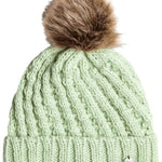 Roxy Junior's Blizzard Beanie 2024 - A mint green beanie with a brown faux fur pom-pom on top.
