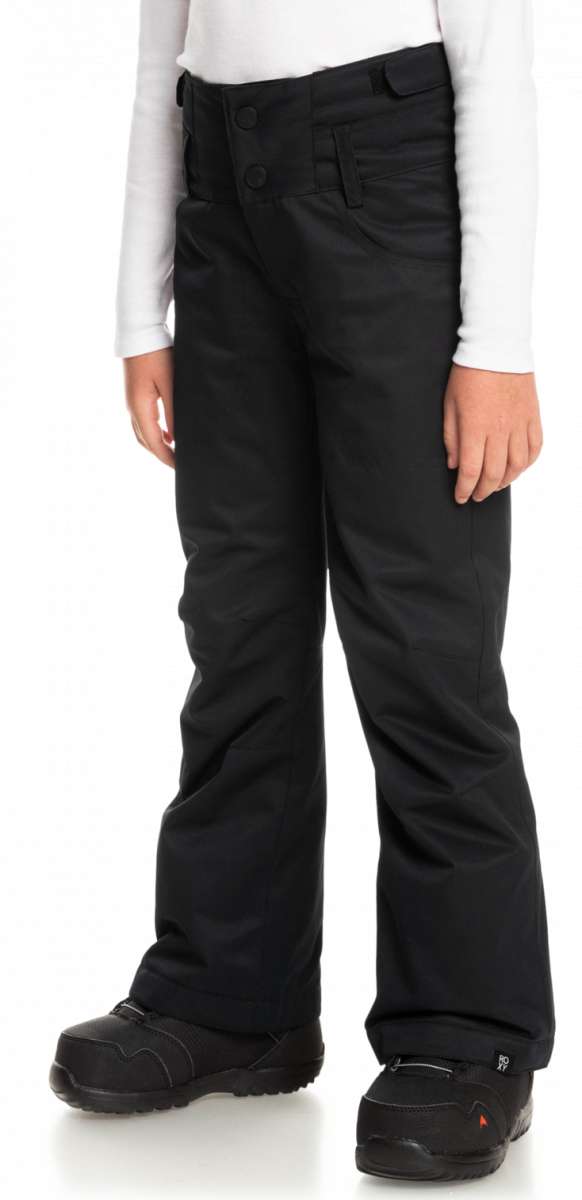 Roxy Junior's Diversion Insulated Pant 2023 - Black snow pants with a subtle white stripe pattern on the side of one leg.