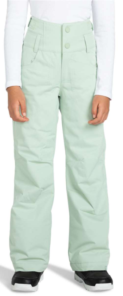 Roxy Junior's Diversion Insulated Pants 2024 - Light green pants with a button fly and two front pockets.