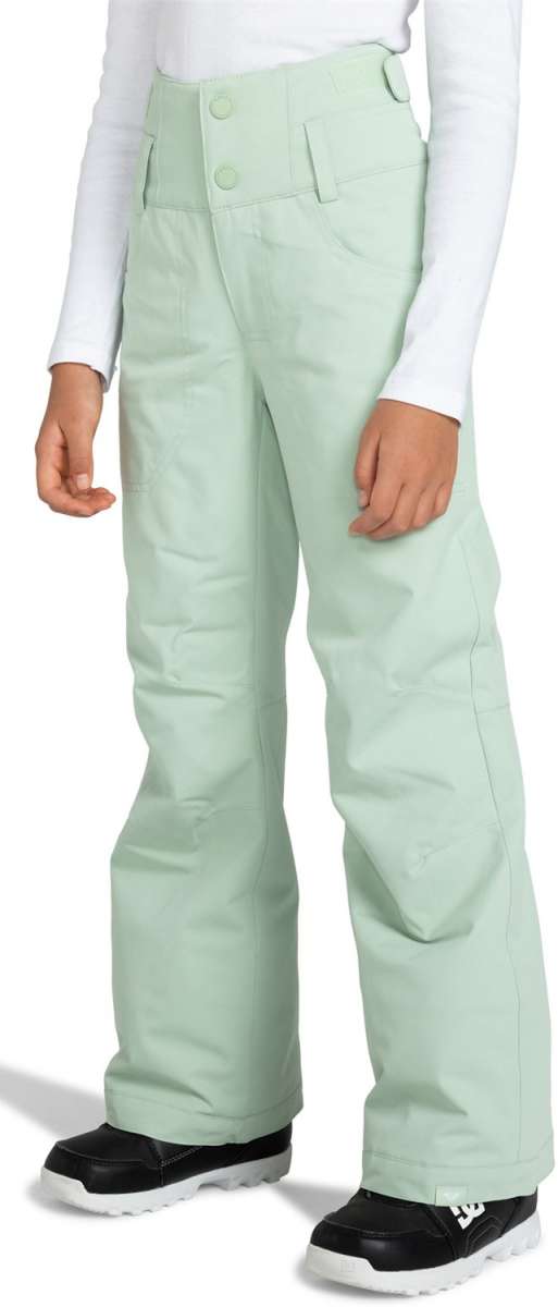 Roxy Junior's Diversion Insulated Pants 2024 - Light green pants with a button fly and belt loops.