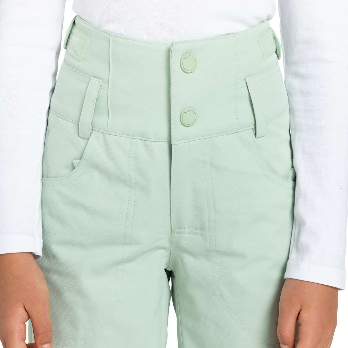 Roxy Junior's Diversion Insulated Pants 2024 - A pair of light blue snow pants with a patterned design on the left leg.