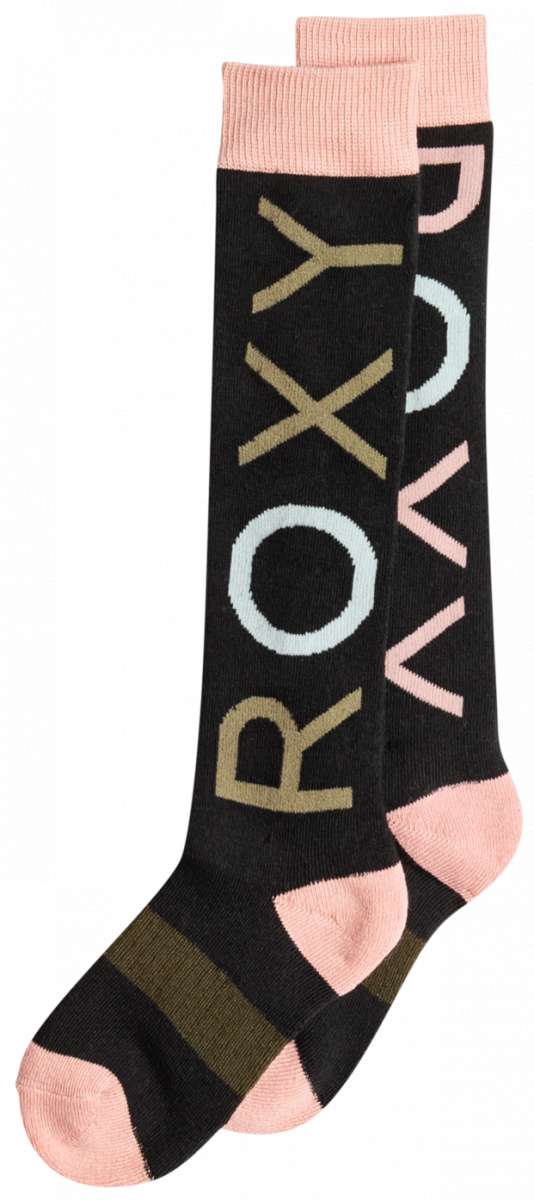 Roxy Junior's Frosty Sock 2023 - A pair of black socks with a light blue and pink snowflake pattern on them.