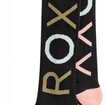 Roxy Junior's Frosty Sock 2023 - A pair of black socks with a light blue and pink snowflake pattern on them.