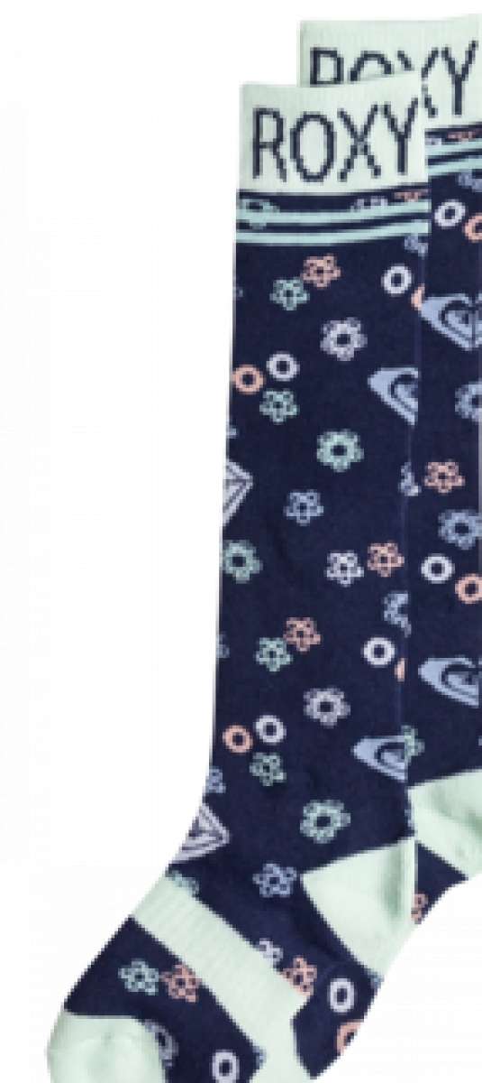 Roxy Junior's Frosty Sock 2023 - A pair of navy blue socks with a repeating pattern of white snowflakes and pink accents.