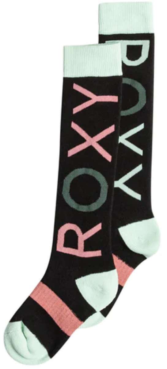 Roxy Junior's Frosty Sock 2024 - A pair of black socks with a pink and mint green design, featuring the word "ROXY" in large letters on one sock.