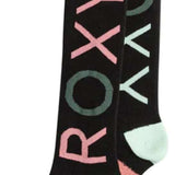 Roxy Junior's Frosty Sock 2024 - A pair of black socks with a pink and mint green design, featuring the word "ROXY" in large letters on one sock.