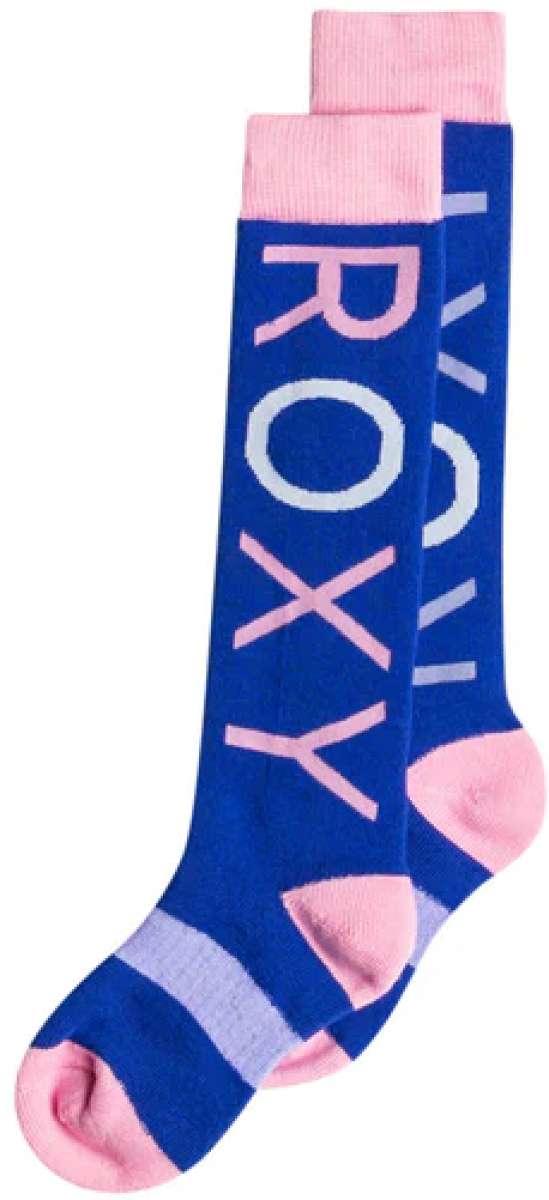 Roxy Junior's Frosty Sock 2024 - A pair of blue socks with a pink toe and heel, featuring a white snowflake pattern on the top portion.