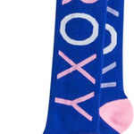 Roxy Junior's Frosty Sock 2024 - A pair of blue socks with a pink toe and heel, featuring a white snowflake pattern on the top portion.