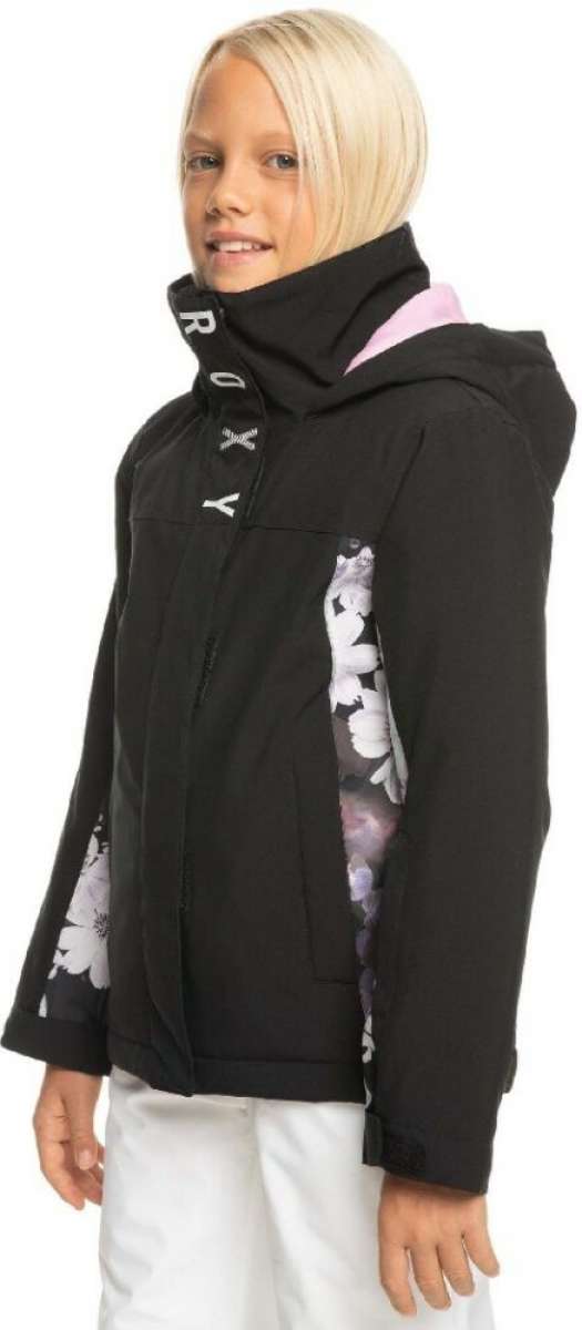 Roxy - A black jacket with a white floral pattern on the left sleeve and a pink lining visible inside the hood.