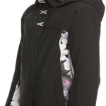 Roxy - A black jacket with a white floral pattern on the left sleeve and a pink lining visible inside the hood.
